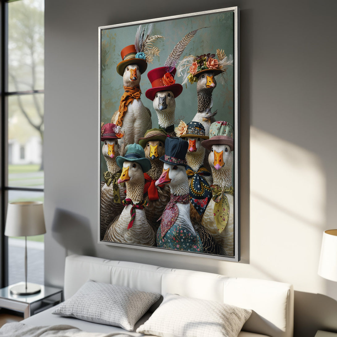 Framed Wall Art featuring whimsical geese in hats. Charming artwork with a teal and warm color palette, perfect for adding personality to your home decor.