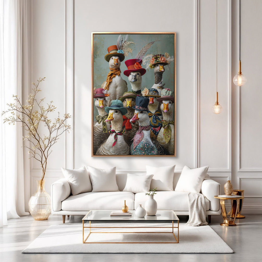 Framed Wall Art featuring whimsical geese in hats, displayed in a modern living room. Pastel color palette, perfect for adding character to your home.
