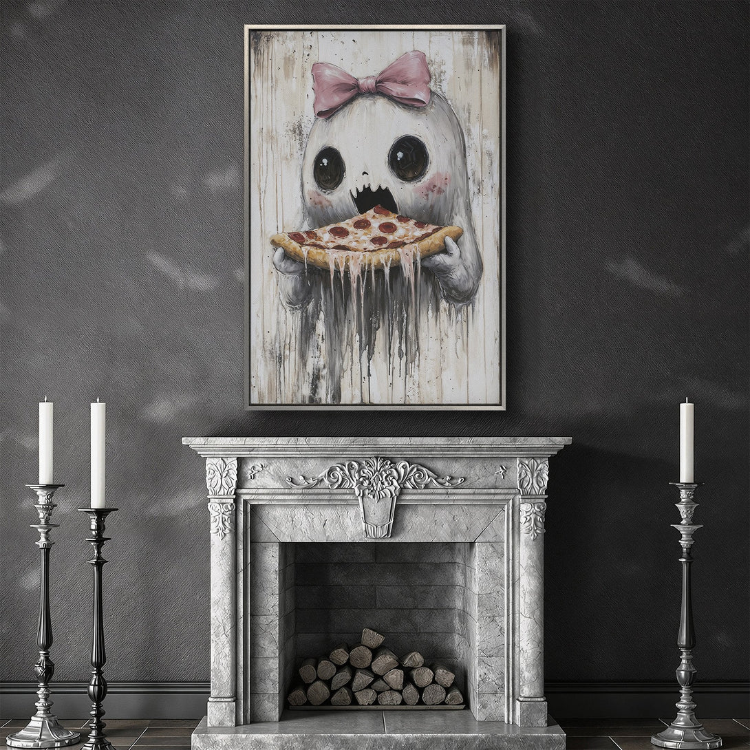 Framed Wall Art of a cute ghost eating pizza, whimsical style, with a neutral, grayscale palette. Perfect for adding personality to your home!
