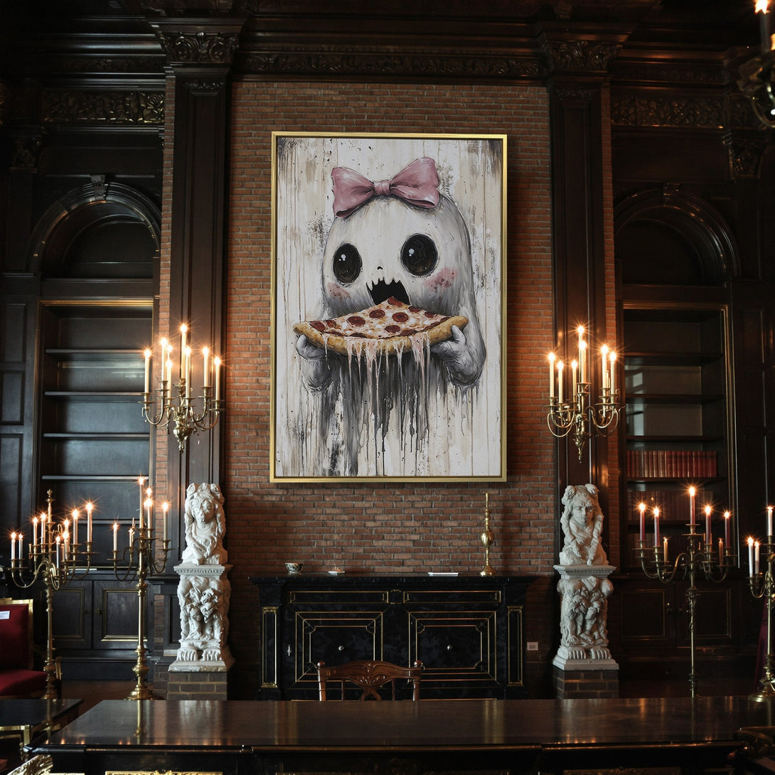 Canvas Print: Adorable ghost eating pizza. Whimsical Halloween art in a neutral, moody color palette, perfect for spooky decor.