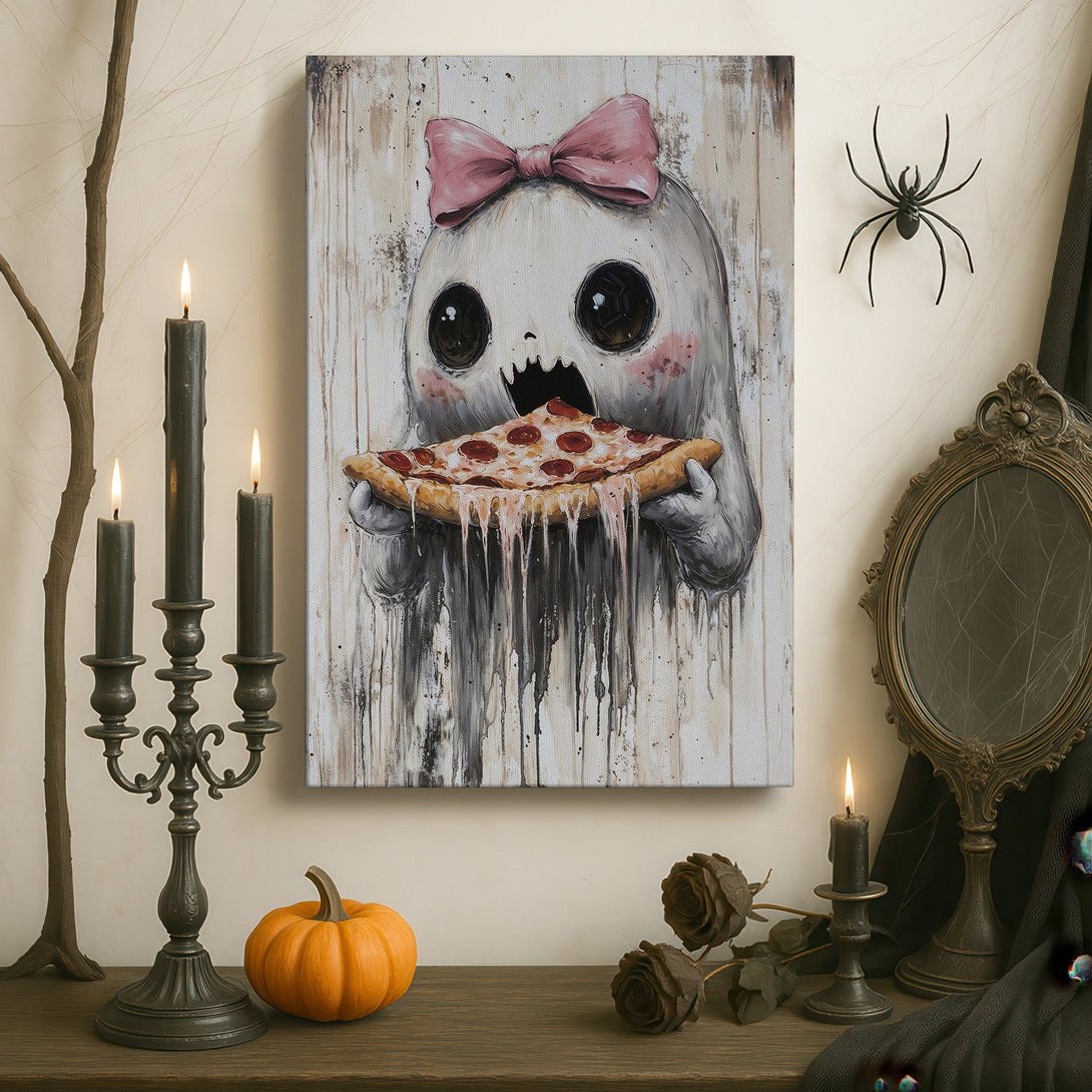 Framed Wall Art: Whimsical ghost with pizza in a gold frame. Modern art with a neutral & pink color palette. Perfect for adding personality to any room.
