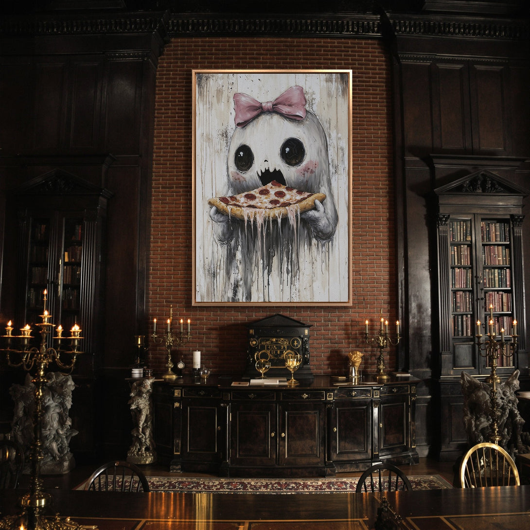 Framed Wall Art: Whimsical ghost enjoying pizza. Modern art style with a pink and grey color palette. Perfect for adding personality to your space.