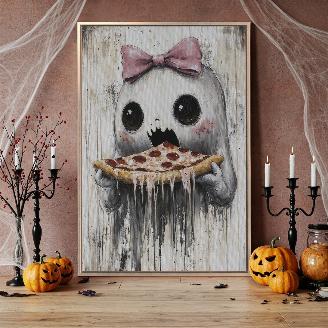 Framed Wall Art: Adorable ghost eating pizza, whimsical Halloween decor. Features a soft color palette with pink bow and spooky, fun vibes. Perfect for your home!