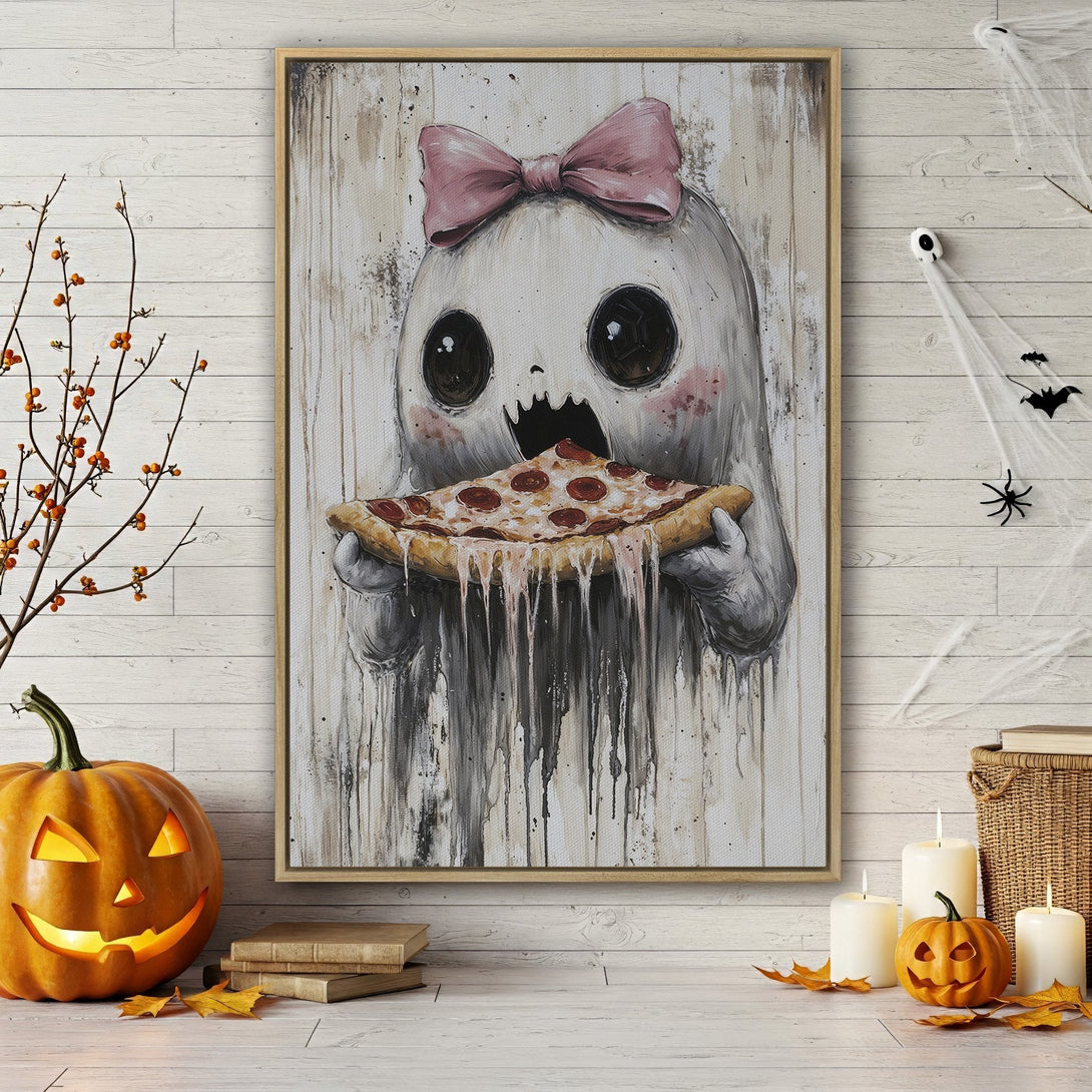 Framed Wall Art: Cute ghost with pink bow eating pizza. Whimsical Halloween art in grayscale with pops of pink and orange. Perfect for spooky decor!