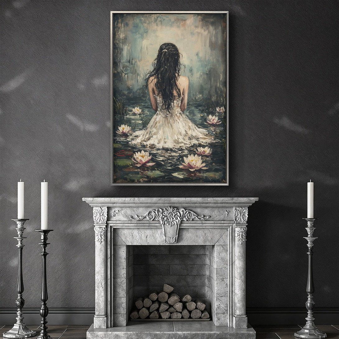 Framed Wall Art featuring a woman in a white dress amongst water lilies. Serene, artistic style with a muted, neutral color palette. Perfect for any room.