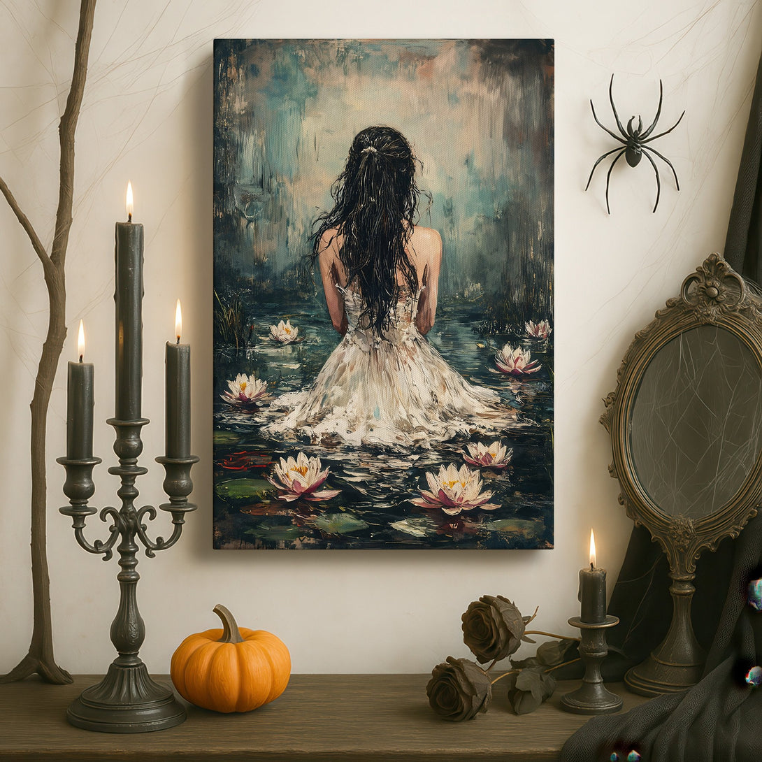 Framed Wall Art of a woman in a white dress among water lilies. Elegant, impressionistic style with a serene, muted color palette. Perfect for any interior.