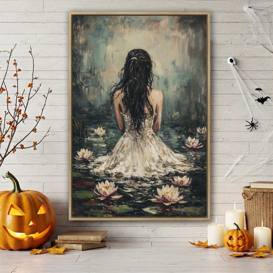 Framed Wall Art: Serene woman in white dress amidst water lilies, painted in a romantic style. Earthy tones with pops of white and dark green. Perfect for any space.
