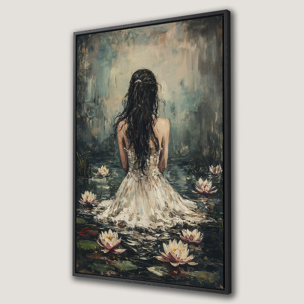 Framed Wall Art: Woman in white dress amidst water lilies. Serene, impressionistic style with muted greens, whites, and blacks. Perfect for tranquil spaces.
