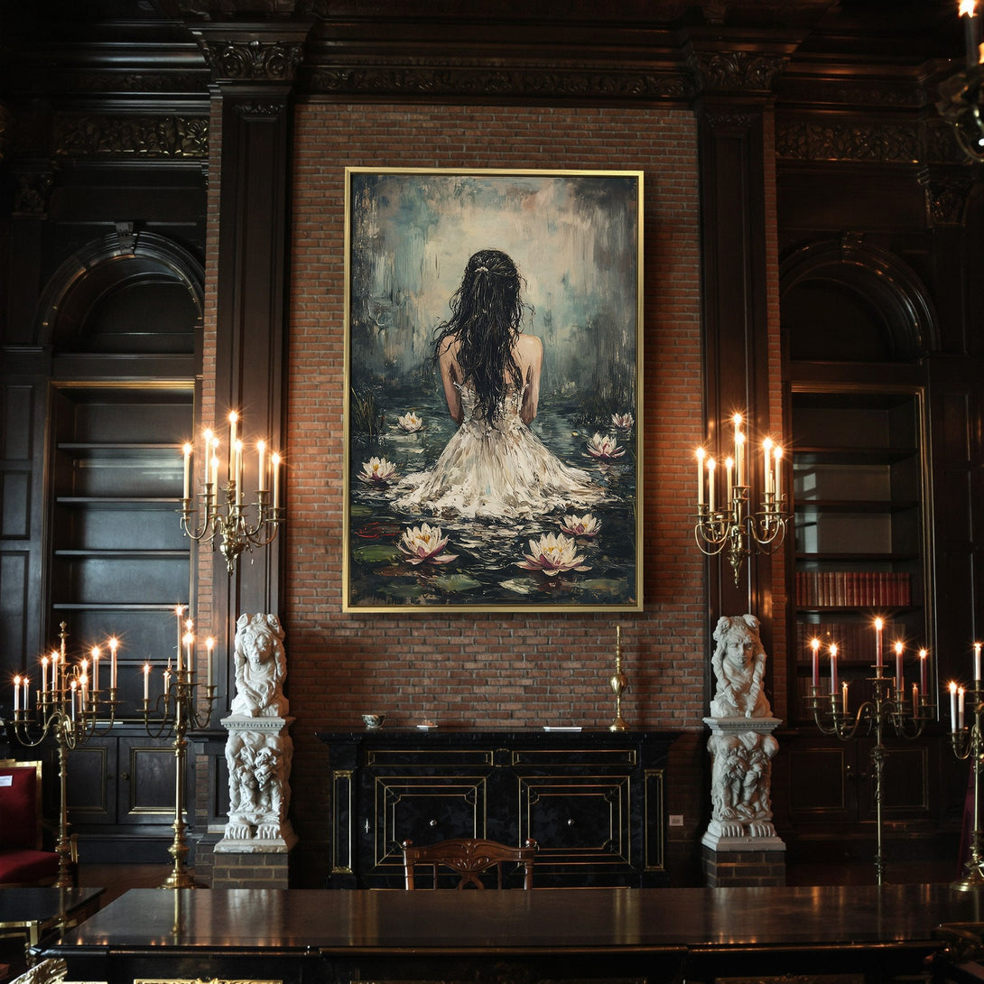 Canvas Print: Woman in white dress on lily pads. Gothic art style, moody color palette with dark greens, creams, and blacks. Perfect wall decor.