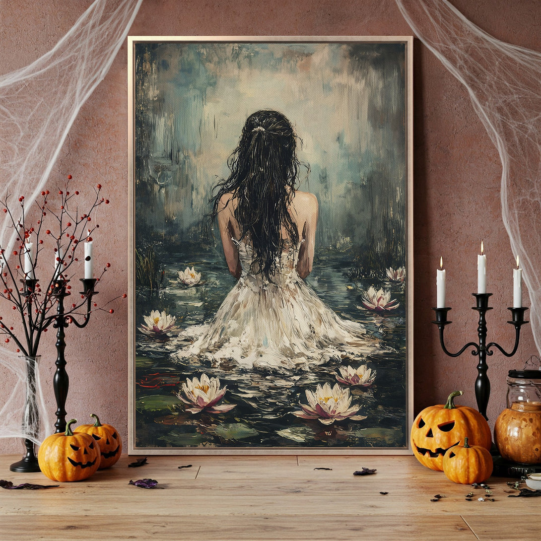 Framed Wall Art: Woman in white dress on water lilies, moody aesthetic, neutral & dark color palette. Perfect for Halloween decor!