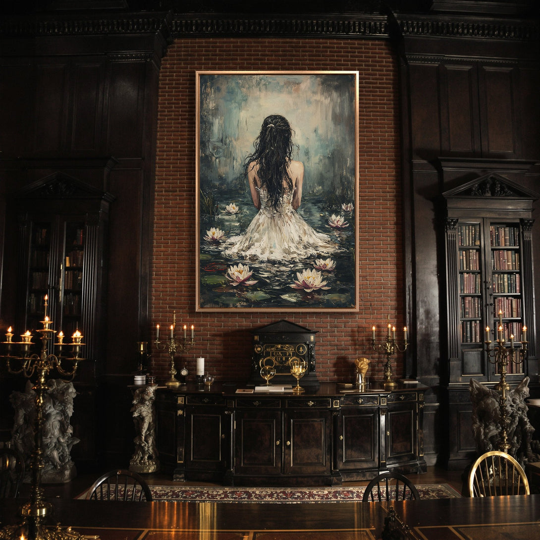 Framed Wall Art: Serene woman in white dress surrounded by water lilies. Elegant art print with a soft, neutral color palette. Perfect for home decor.