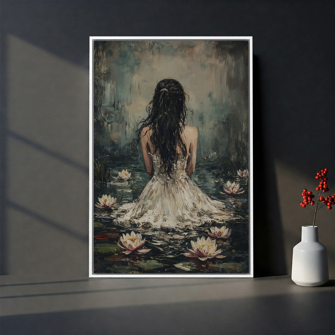 Framed Wall Art: Serene painting of a woman in white dress surrounded by water lilies. Neutral tones with a touch of red. Perfect for modern decor.
