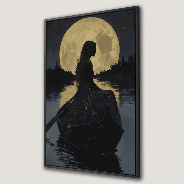 Framed Wall Art: Silhouette of woman in boat under a golden moon. Dark, moody artwork with a grayscale and gold color palette. Perfect for a serene space.