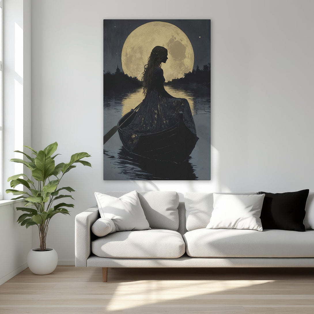 Framed Wall Art: Silhouette of woman in a boat, moonlit scene. Elegant black and gold artwork, perfect for bedroom decor. Adds a touch of mystery.