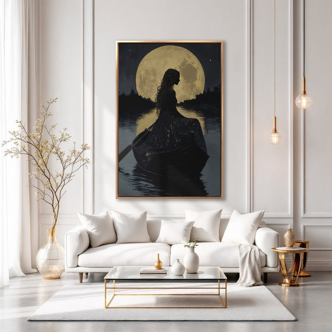Framed Wall Art: Silhouette of woman on a boat under a moon, in a dark, moody style. Gold and black color palette, perfect for adding elegance to your space.