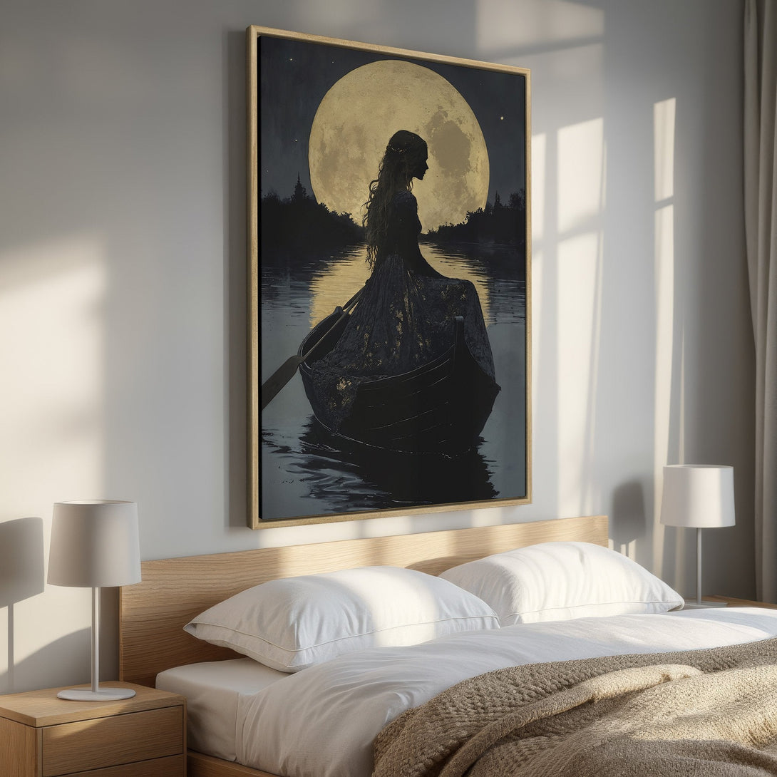 Framed Wall Art: Silhouette of a woman in a boat against a moonlit sky. Dark, moody art with gold and black tones. Perfect bedroom decor.