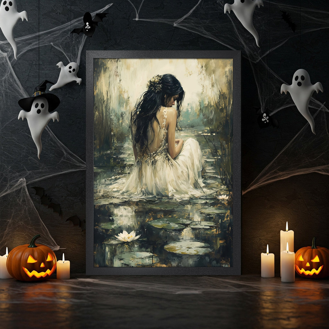 Framed Poster: Woman in white dress, impressionist style, green and gold color palette. Perfect Halloween decor.