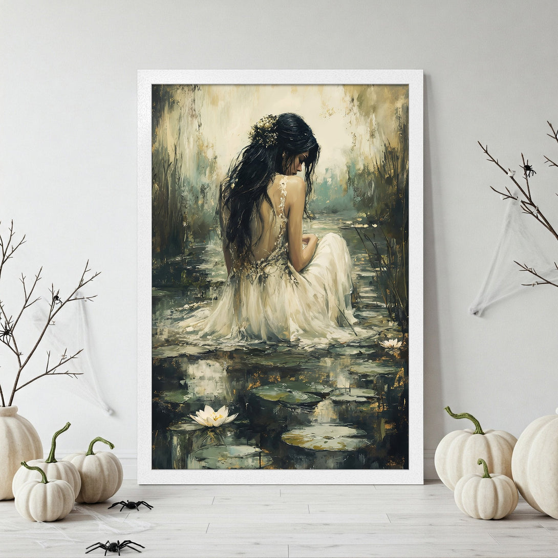 Framed Poster: Woman in water lily pond, impressionist style, green & gold palette. Add a touch of elegance to your space!