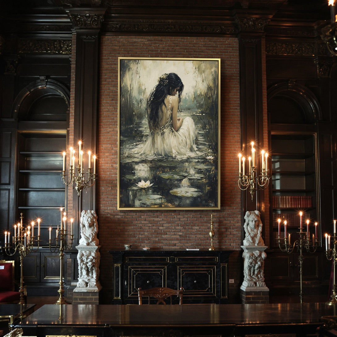 Canvas Print: Romantic art of woman in water, moody style with dark greens, beige, and gold. Perfect for gothic decor.