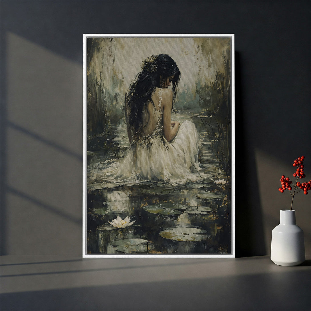 Framed Wall Art: Elegant woman in a white dress, serene pond scene, impressionistic style, muted green and gold palette. Perfect for home decor.