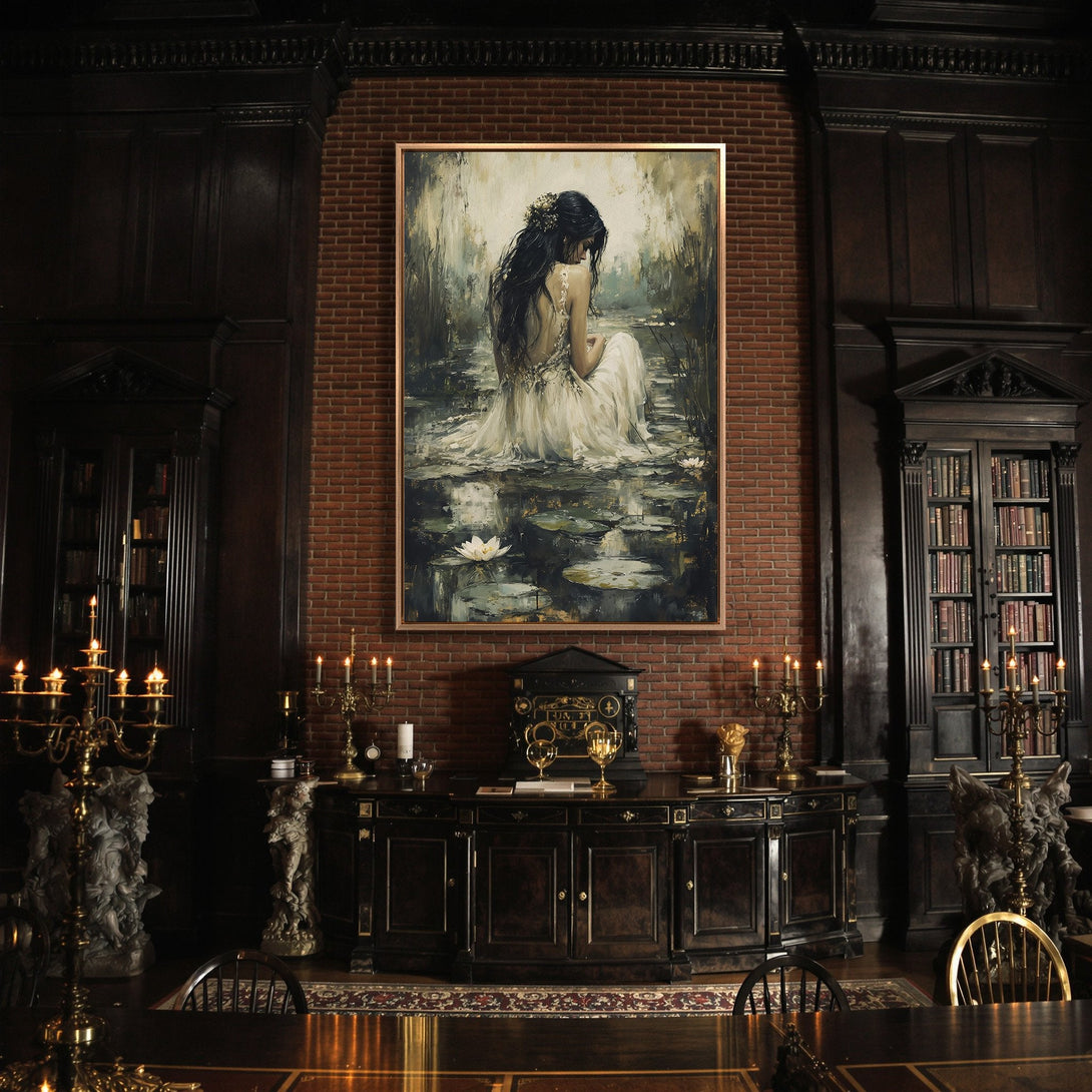 Framed Wall Art featuring a woman in a white dress, impressionistic style, set in a dark, moody interior. Earth tones and a touch of gold.