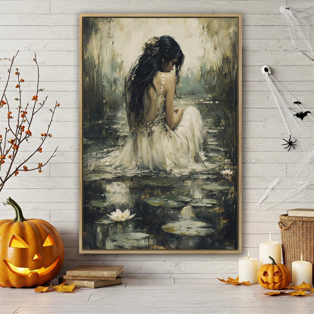 Framed Wall Art featuring a serene woman in a pond, impressionistic style with muted greens, golds, and blacks. Perfect for adding a touch of elegance.