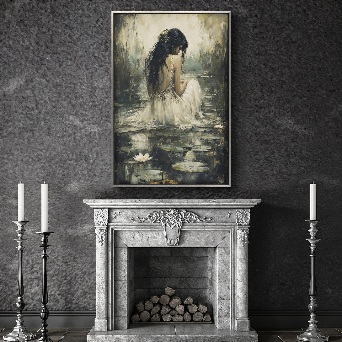 Framed Wall Art: Serene woman in a white dress, impressionist style, displayed in a dark interior. Earthy tones and a touch of gold create a calming aesthetic.