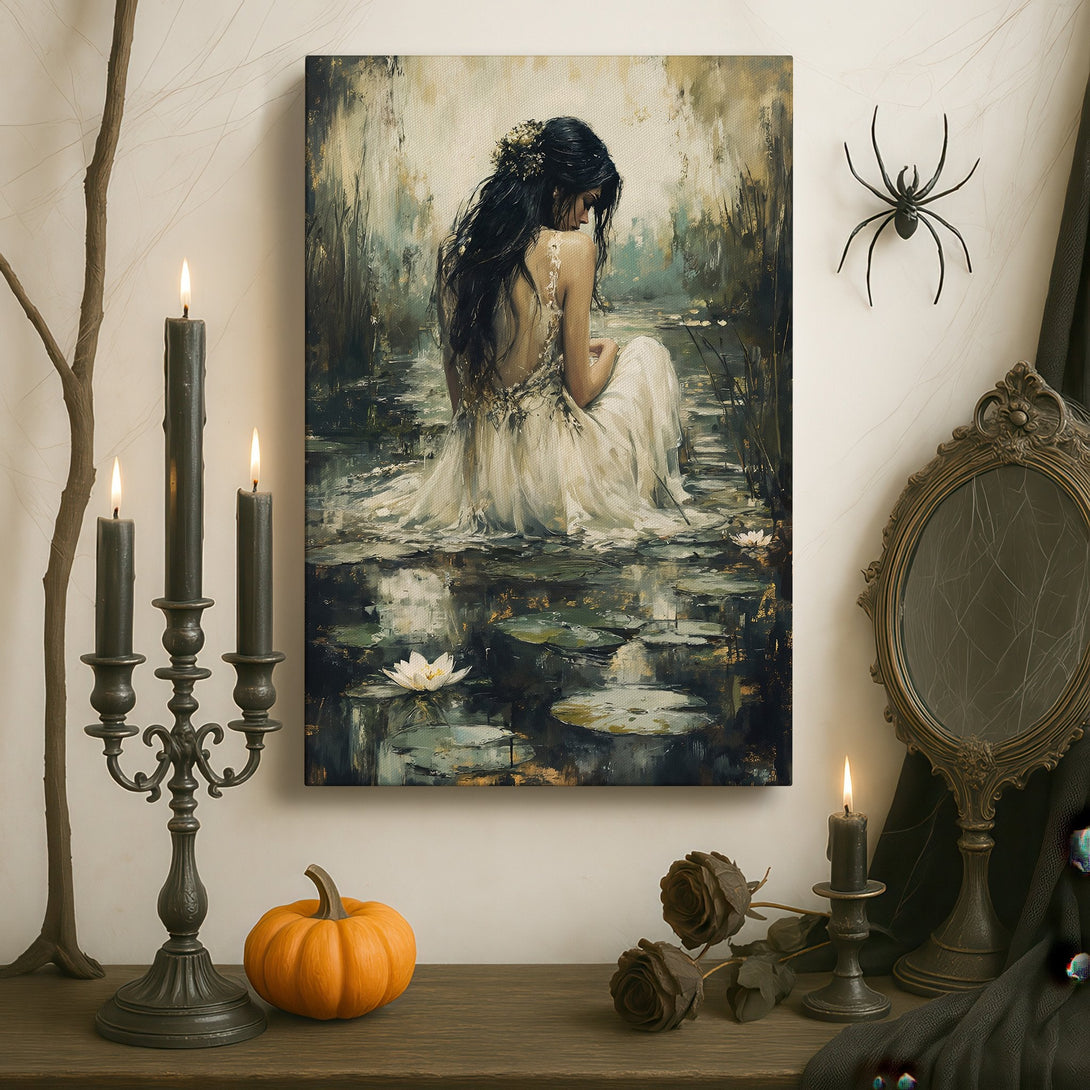 Framed Wall Art: Elegant woman in a pond, impressionist style, with a muted green and gold color palette, displayed in a luxurious interior.