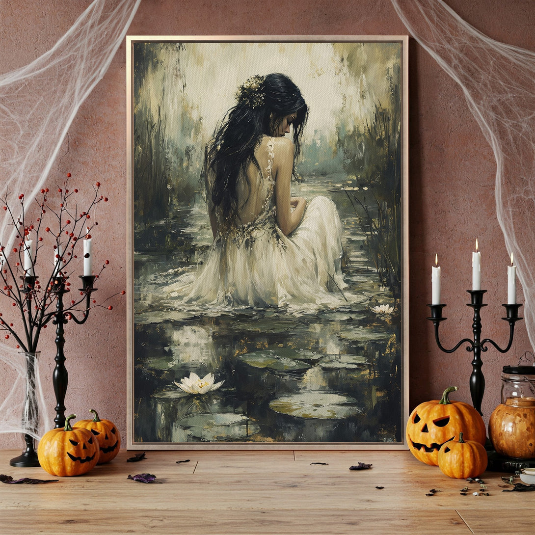 Framed Wall Art: Impressionist painting of a woman in a white dress, serene scene with a muted green and gold palette. Perfect for Halloween decor.