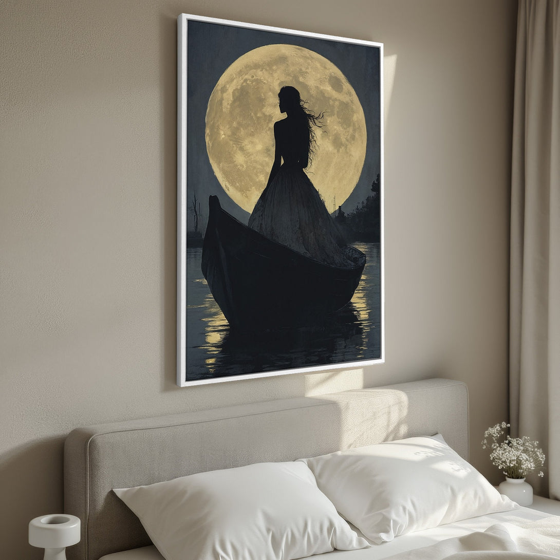 Framed Wall Art: Silhouette of woman in boat under a moon, dark and moody style, neutral color palette. Perfect for bedroom decor.