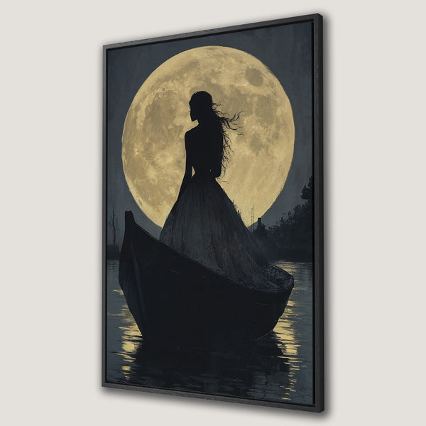 Framed Wall Art: Silhouette of woman in boat before a moon. Dramatic art piece with dark blue, gold, and black color palette. Perfect for home decor.