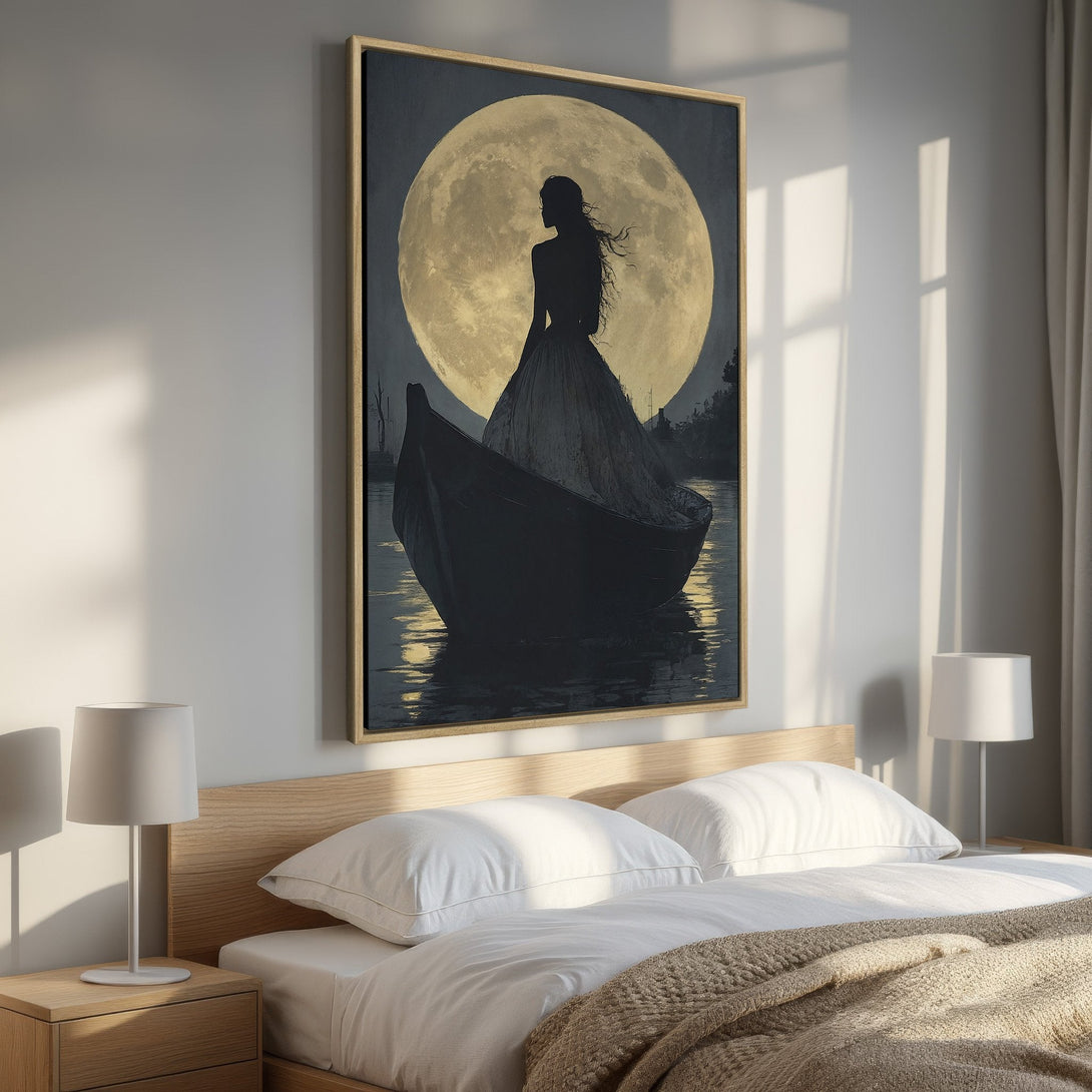 Framed Wall Art: Silhouette of woman on a boat against a moon, dark and gold palette. Adds a touch of mystery and elegance to any space.