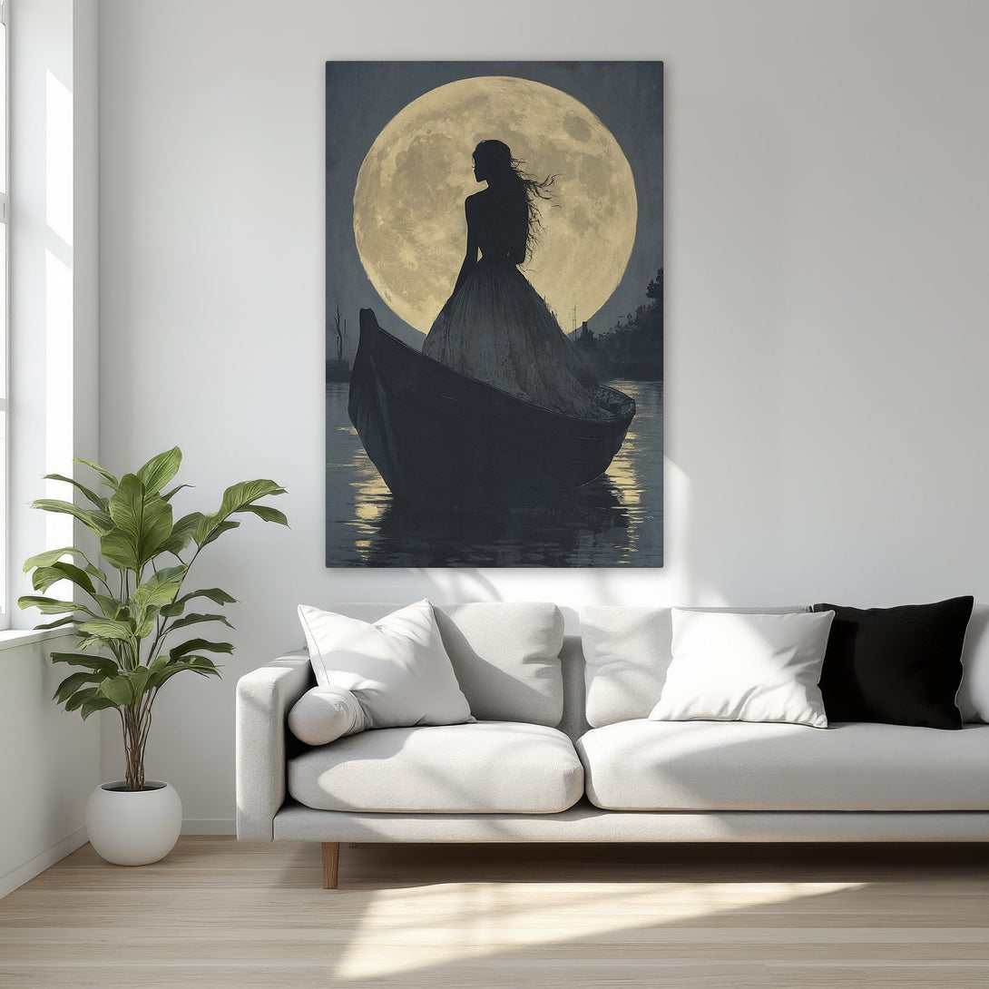 Framed Wall Art featuring a silhouette of a woman in a boat against a moon. Elegant, moody artwork with a gold, black, and neutral palette. Perfect for bedroom decor.