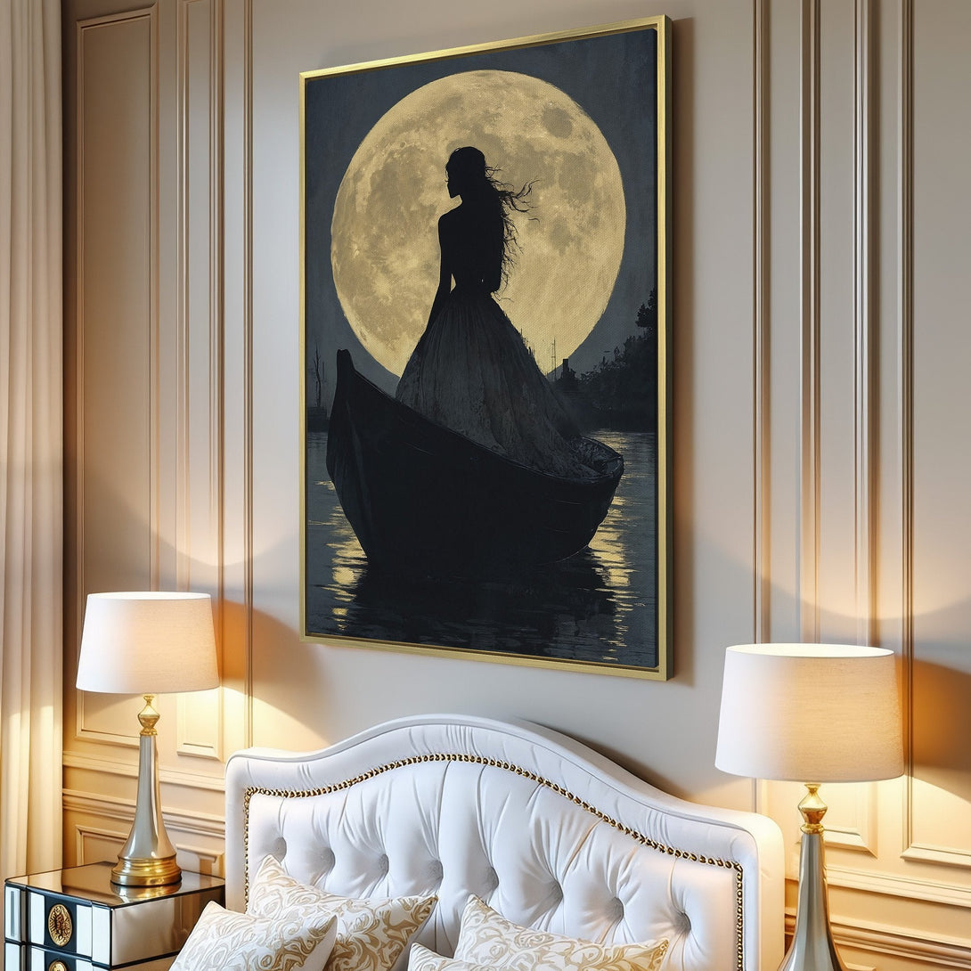 Canvas Print featuring a silhouette of a woman on a boat against a moonlit sky. Dramatic, moody art in a grayscale and gold palette. Perfect wall decor.