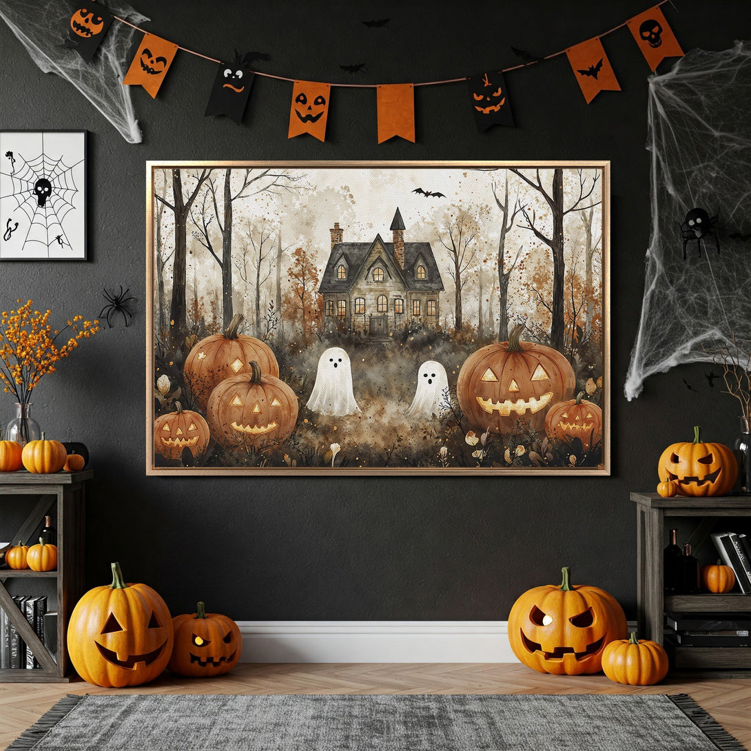 Framed Wall Art: Spooky Halloween scene with pumpkins, ghosts, and a haunted house in warm, earthy tones. Perfect fall decor for your home!