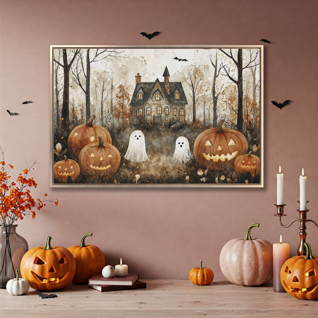 Framed Wall Art: Spooky Halloween scene with a haunted house, pumpkins, and ghosts in warm autumnal tones. Perfect for fall decor!