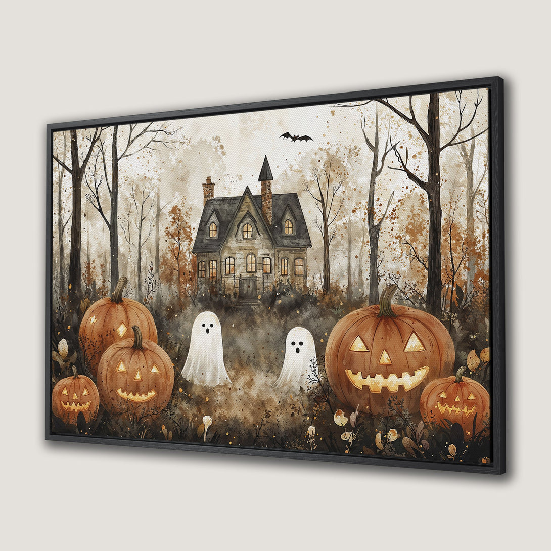 Framed Wall Art: Spooky Halloween scene with pumpkins, ghosts, and a haunted house in warm brown tones. Perfect fall decor for your home!
