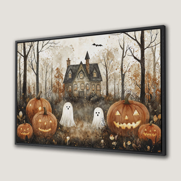 Framed Wall Art: Spooky Halloween scene with pumpkins, ghosts, and a haunted house in warm brown tones. Perfect fall decor for your home!