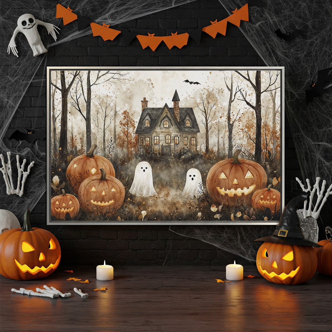 Framed Wall Art: Spooky Halloween scene with a haunted house, pumpkins, and ghosts in a watercolor style. Warm orange and brown color palette.
