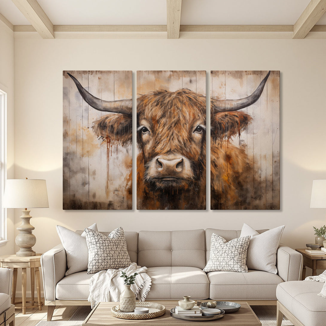 Canvas Print: Highland cow art in warm brown tones. Rustic farmhouse style wall decor for living room or bedroom.