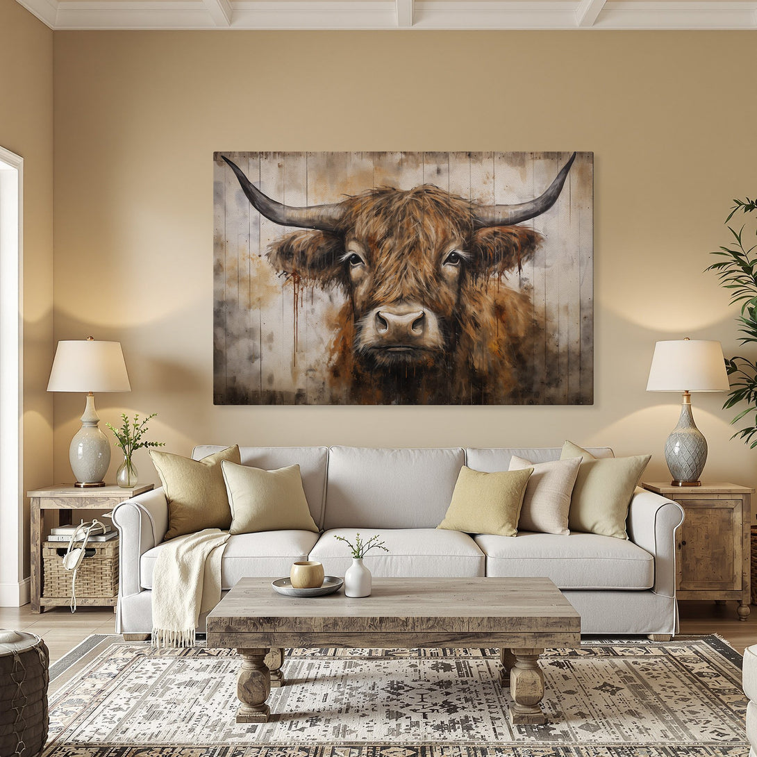 Framed Wall Art: Watercolor-style Highland cow portrait in warm brown tones. Rustic farmhouse decor, perfect for living rooms and dining areas.
