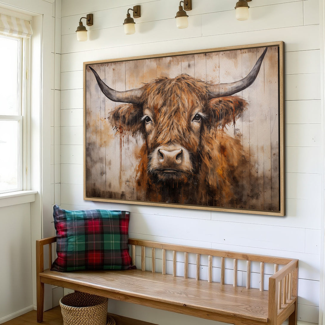 Framed Wall Art: Rustic Highland cow canvas print in warm brown tones. Farmhouse style art perfect for adding character to your home decor.