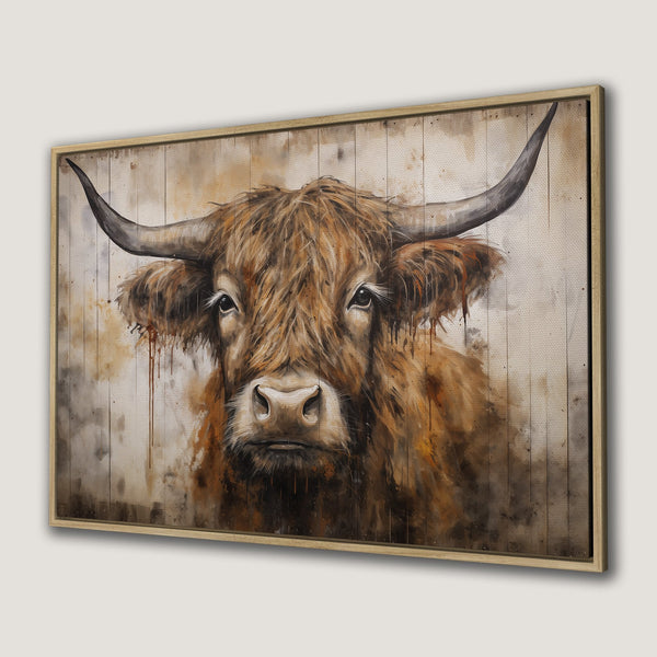 Framed Wall Art: Watercolor painting of a Highland Cow in warm brown tones. Rustic style canvas print for farmhouse decor.