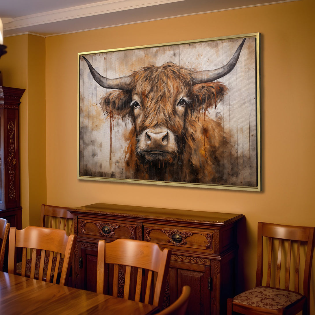 Canvas Print of a Highland Cow in warm brown tones. Rustic watercolor style wall art perfect for farmhouse decor.