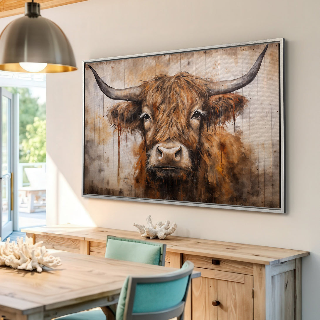 Framed Wall Art: Watercolor Highland Cow painting in warm brown tones. Rustic farmhouse style decor for your home.