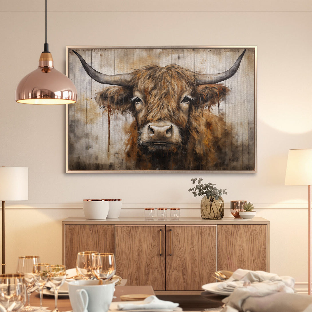 Framed Wall Art: Watercolor Highland Cow print in warm brown tones. Rustic farmhouse style canvas art for your dining room decor.