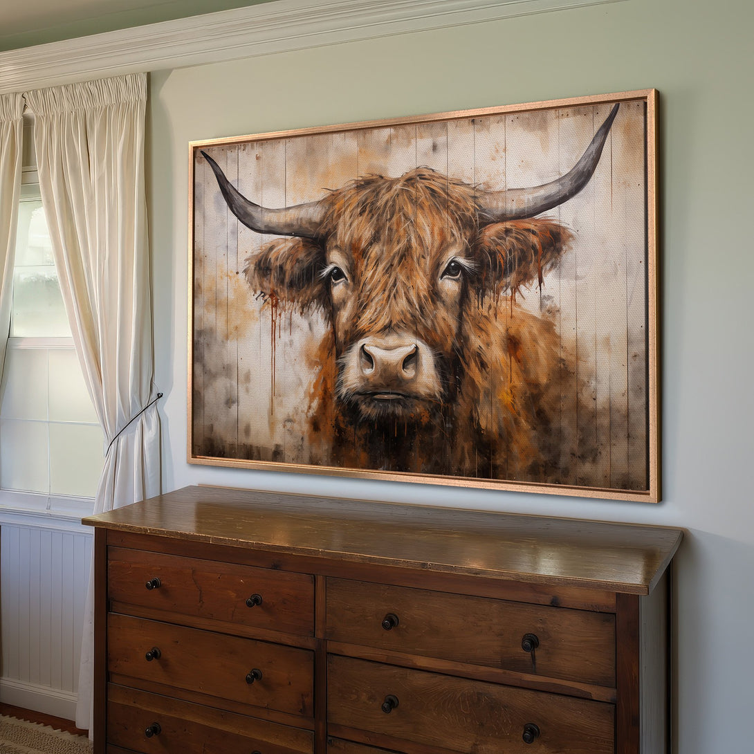 Framed Wall Art: Highland cow portrait in warm brown tones. Rustic style canvas print adds cozy charm to any room.