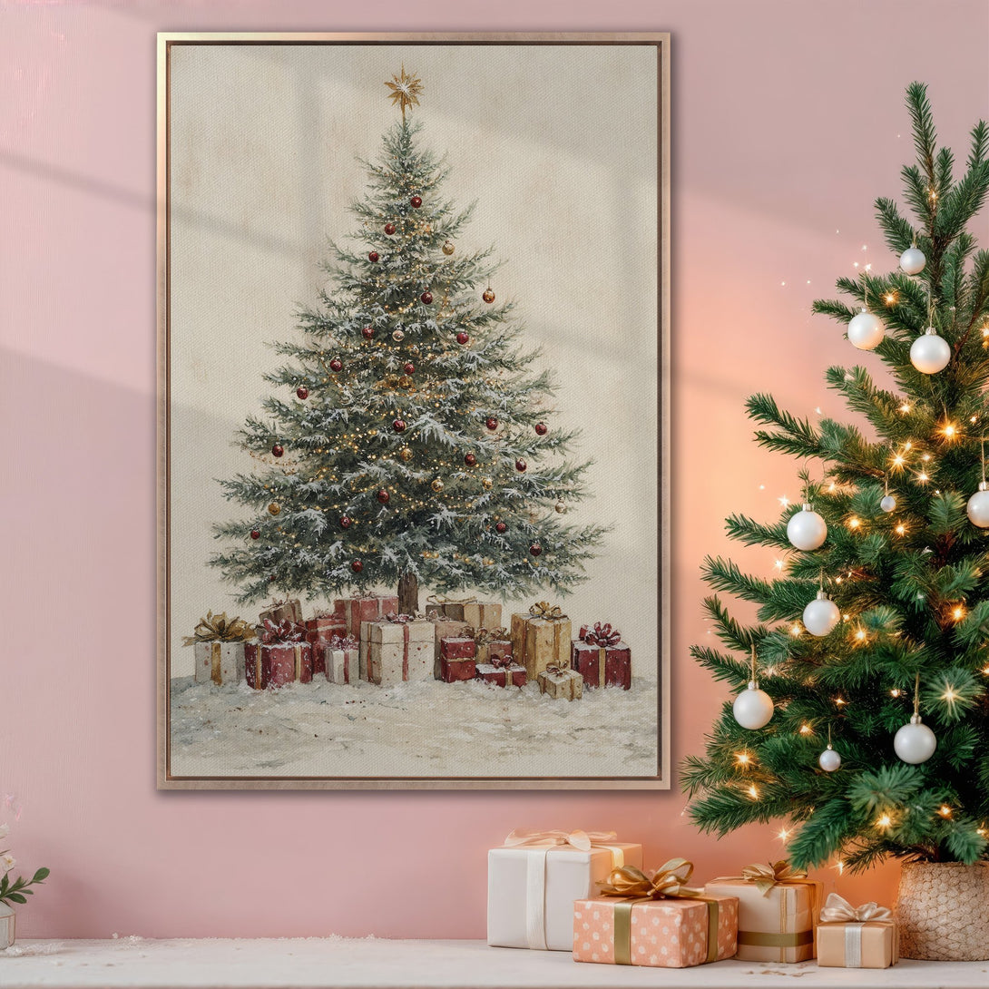 Framed Wall Art: Watercolor Christmas tree canvas print with a warm, festive color palette. Perfect holiday decor for a cozy home.