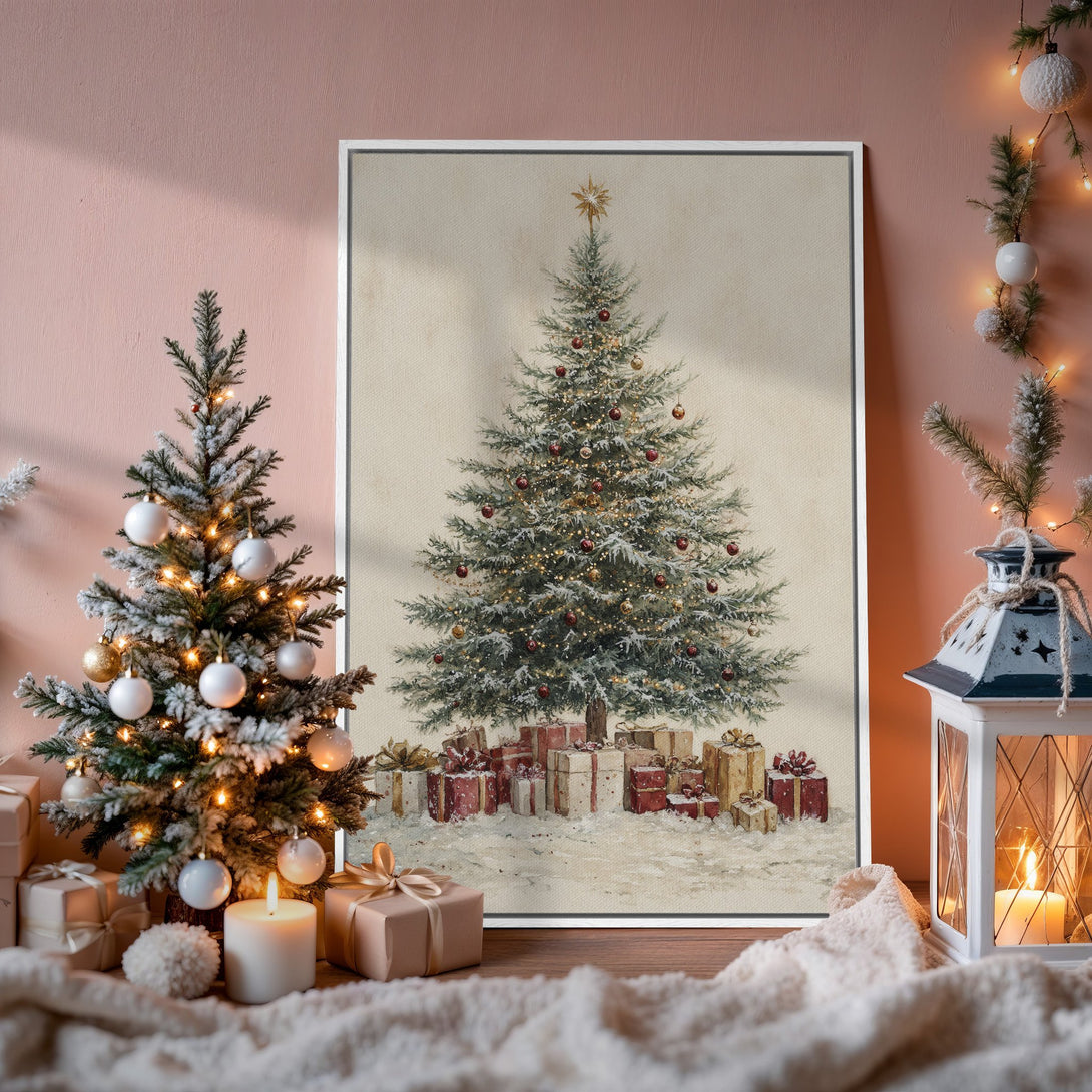 Framed Wall Art: Vintage Christmas tree print with warm, inviting colors. Perfect holiday decor for a cozy, festive home. Shop our Canvas Print collection!