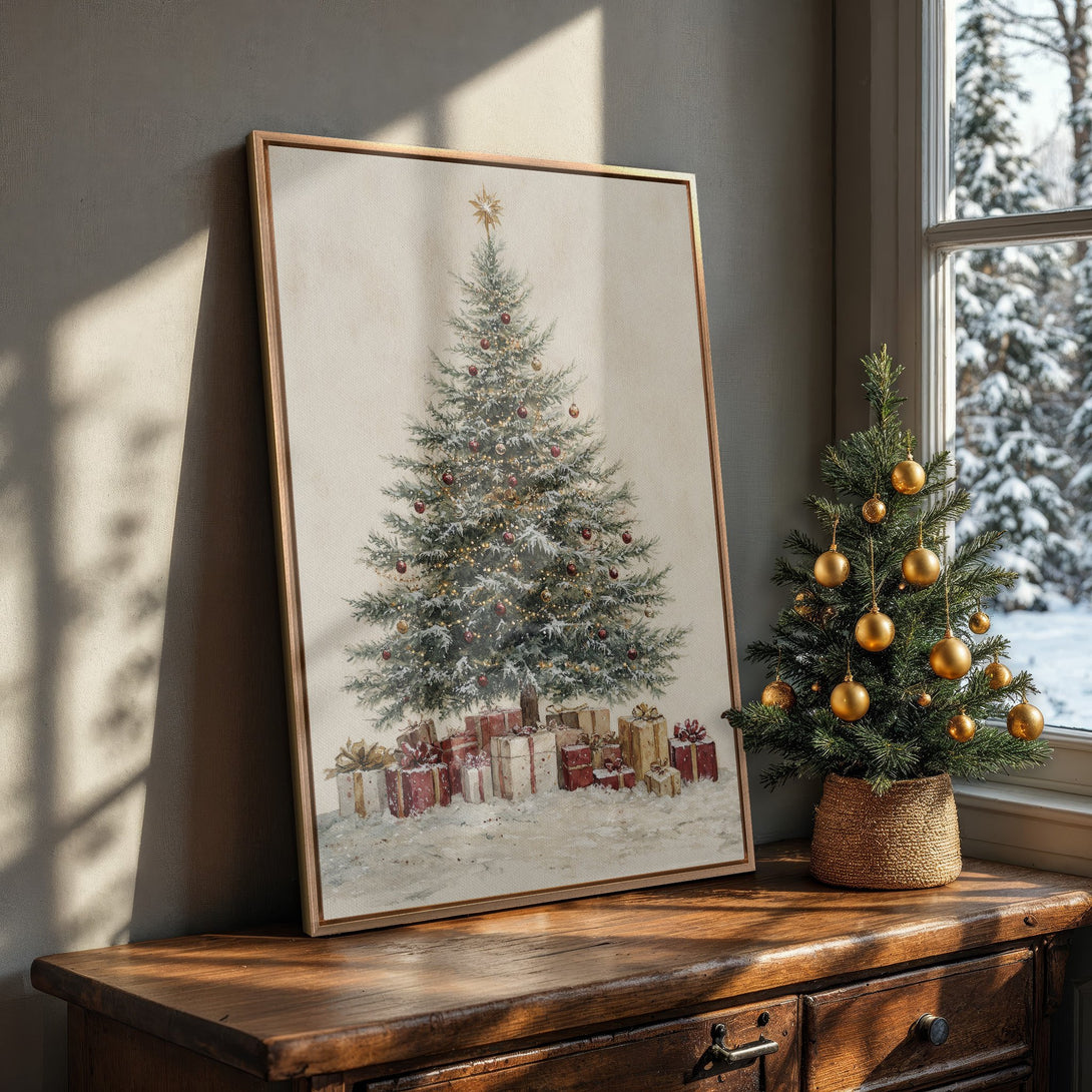 Framed Wall Art: Watercolor Christmas tree print in warm, neutral tones. Perfect holiday decor! Enhance your space with this festive canvas print.